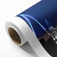Art deco poster of Auckland skyline in pastel blues and pinks on rolled canvas, ideal for nursery wall art.