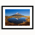 Abstract art print of New Zealand's Taranaki scenery in vibrant colors on a textured, extra large canvas, framed in black.