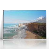 Art deco poster of an oceanic landscape in pastel blue and white, acrylic framed, suitable for modern nursery decor.