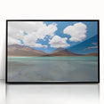 Large abstract wall art depicting a Bolivian landscape in muted earth tones, framed in black acrylic.