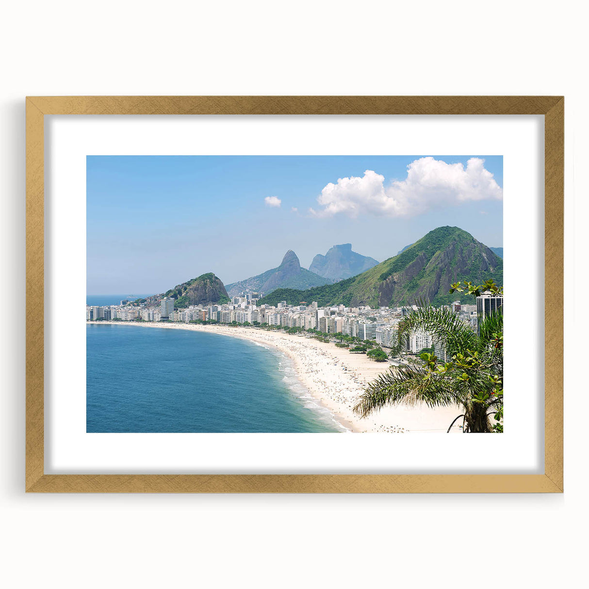 Extra large abstract art print of a textured Brazilian scenery in muted earth tones, framed in gold.