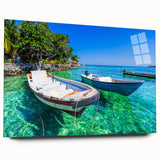 Large abstract wall art featuring a vibrant, colorful depiction of a Colombian landscape on acrylic glass.