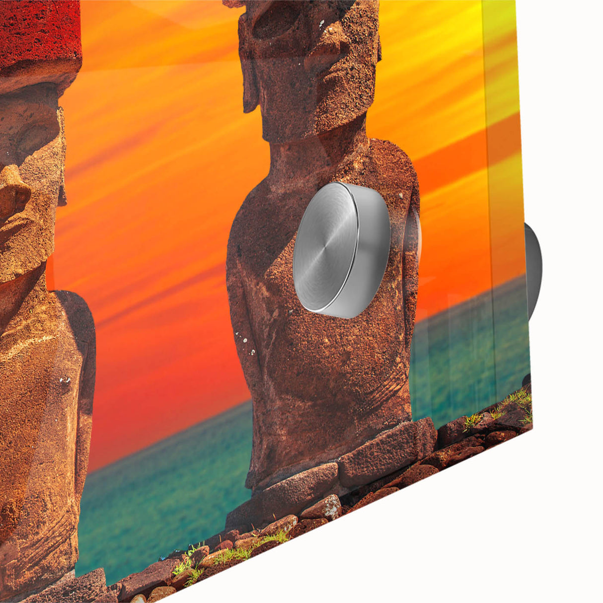 Mid-century modernist art of Easter Island statues in muted earth tones on acrylic glass, ideal for dining room art.