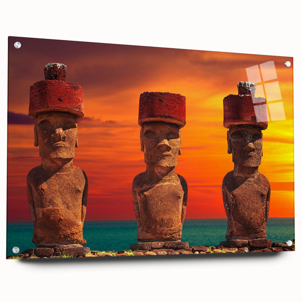 Acrylic print of Easter Island scenery with soft gray and blue tones, ideal for bedroom or dining room decor.