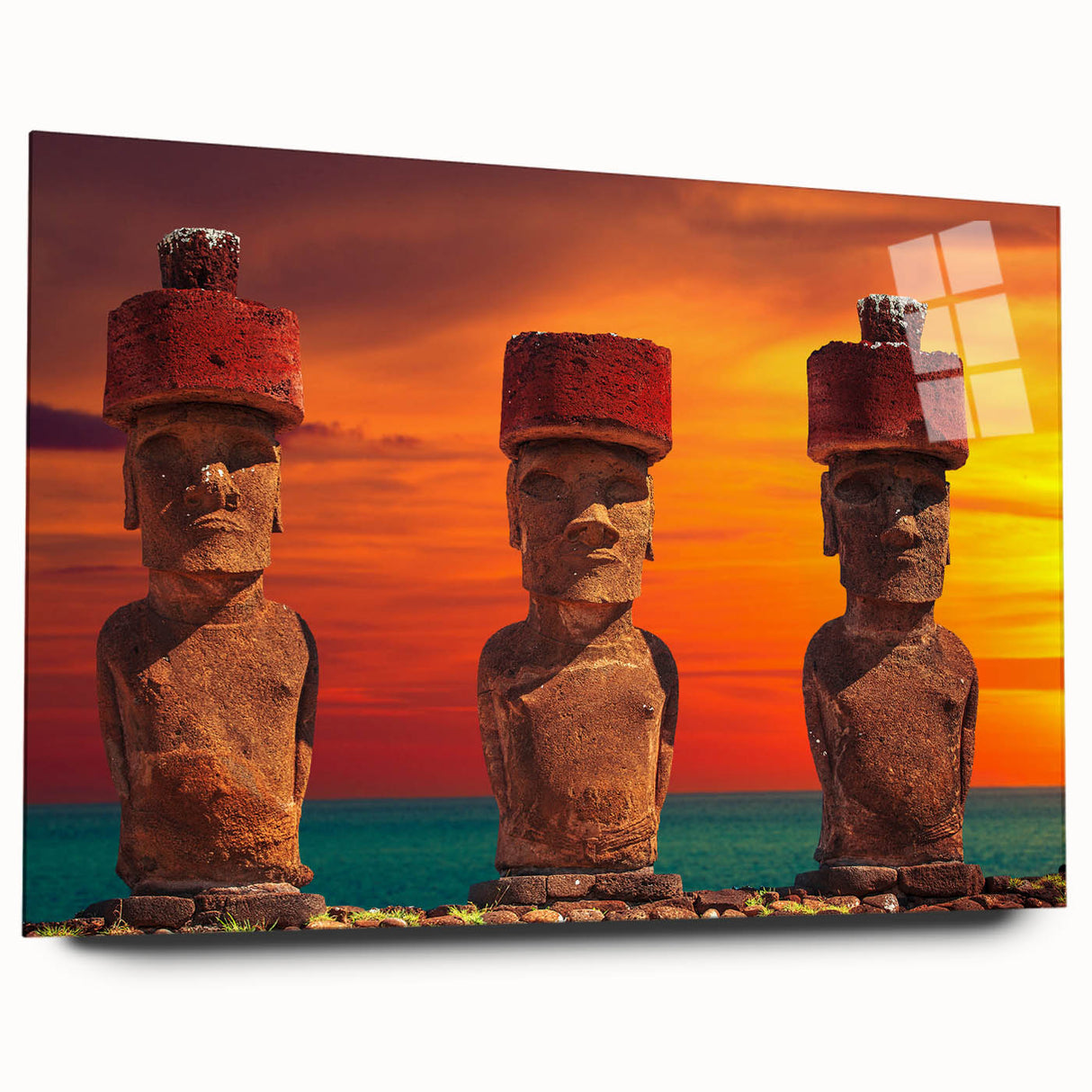 Acrylic print of Easter Island statues in muted earth tones, ideal for bedroom or dining room art.