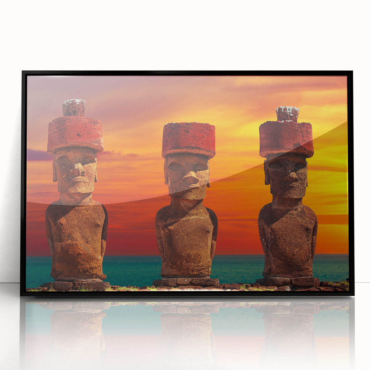 Framed acrylic print of Easter Island scenery in muted earth tones, ideal for modern art wall decor.