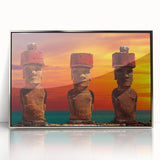 Mid-century modernist art depicting Easter Island statues in muted earth tones on a silver-framed acrylic print.