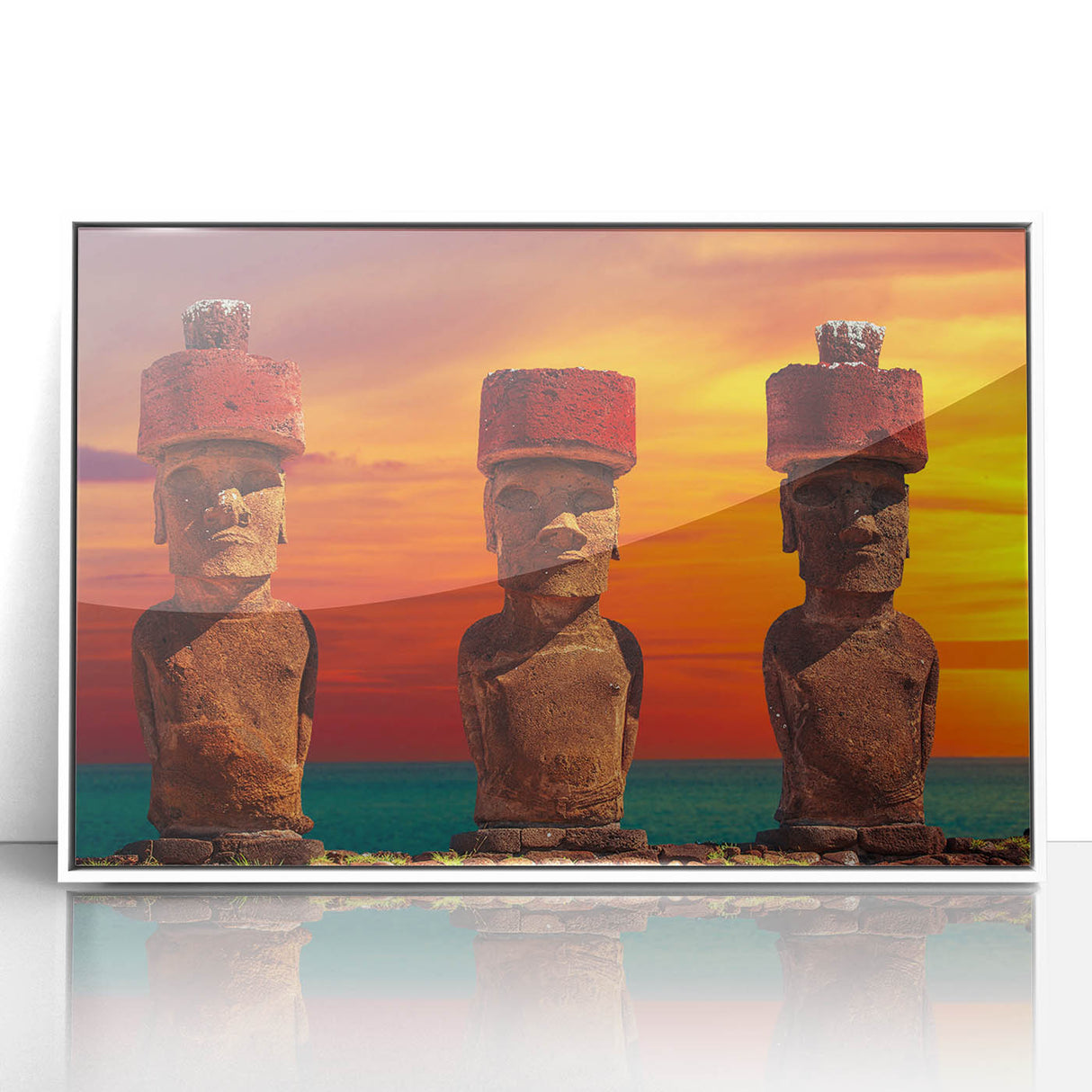Framed acrylic print of Easter Island statues in muted earth tones, ideal for modern art wall decor.