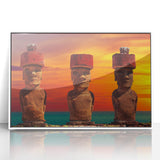 Framed acrylic print of Easter Island statues in muted earth tones, ideal for modern art wall decor.