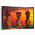 Framed canvas of a black and white Easter Island landscape, ideal for bedroom wall decor.