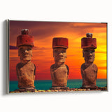 Framed canvas depicting Easter Island statues in a landscape setting with muted earth tones, ideal for living room decor.