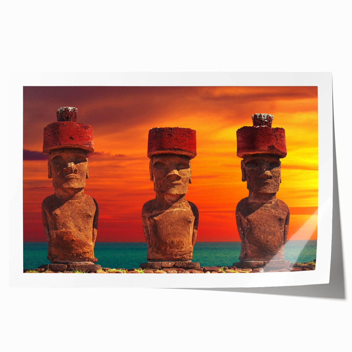 Rolled print of Easter Island scenery in muted earth tones, ideal for art wall dining room placement.