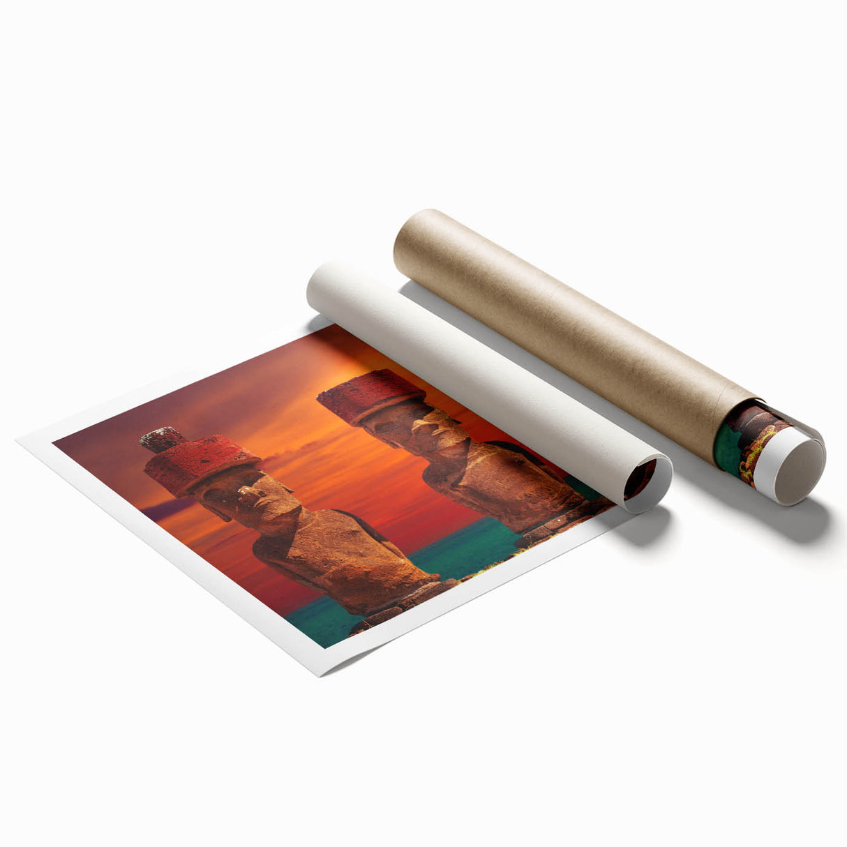 Rolled print of Easter Island scenery with muted earth tones, ideal for classy bathroom wall art.
