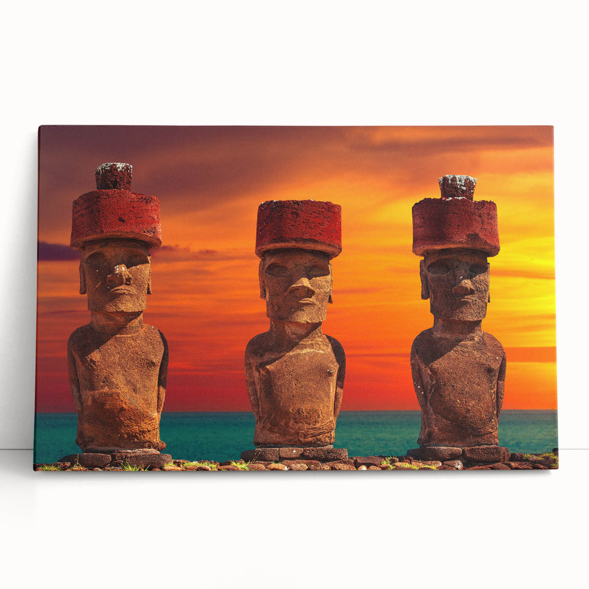 Black and white print of Easter Island statues on stretched canvas, suitable for kitchen wall art or bedroom.