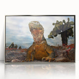 Mid-century modernist art depicting the Galapagos scenery in muted earth tones on a silver-framed acrylic.