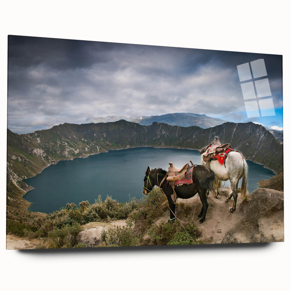 Large abstract wall art of South American scenery in vibrant hues on acrylic glass.
