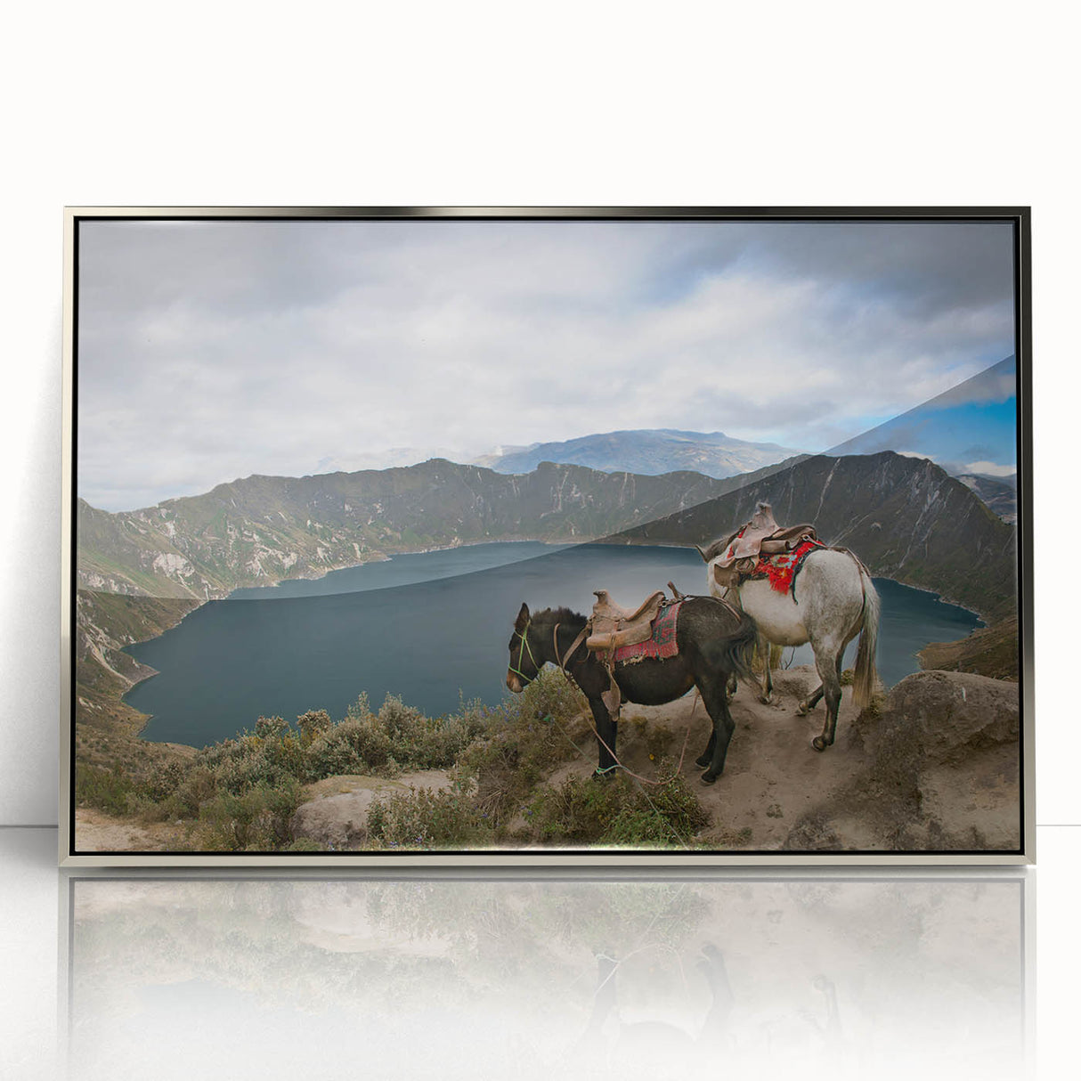 Mid-century modernist art depicting a South American landscape in acrylic, framed in silver, suitable for nursery wall art.