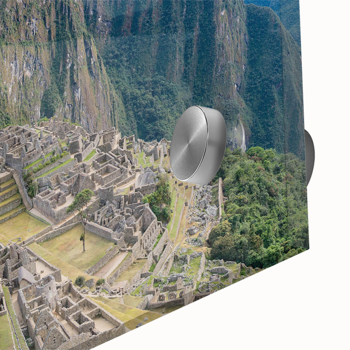 Acrylic print of Machu Picchu in muted earth tones, ideal for dining room art in a mid-century modernist style.
