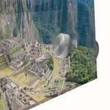 Acrylic print of Machu Picchu in muted earth tones, ideal for dining room art in a mid-century modernist style.