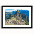 Extra large framed print of abstract Machu Picchu in vibrant, textured colors, ideal for living room decor.