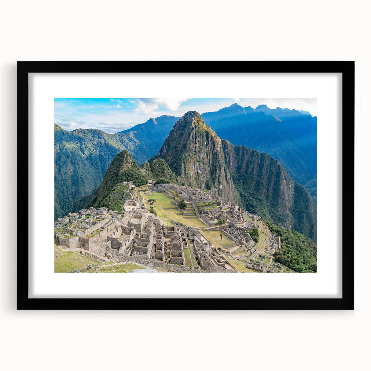 Extra large framed print of abstract Machu Picchu in vibrant, textured colors, ideal for living room decor.