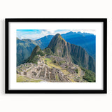 Extra large framed print of abstract Machu Picchu in vibrant, textured colors, ideal for living room decor.