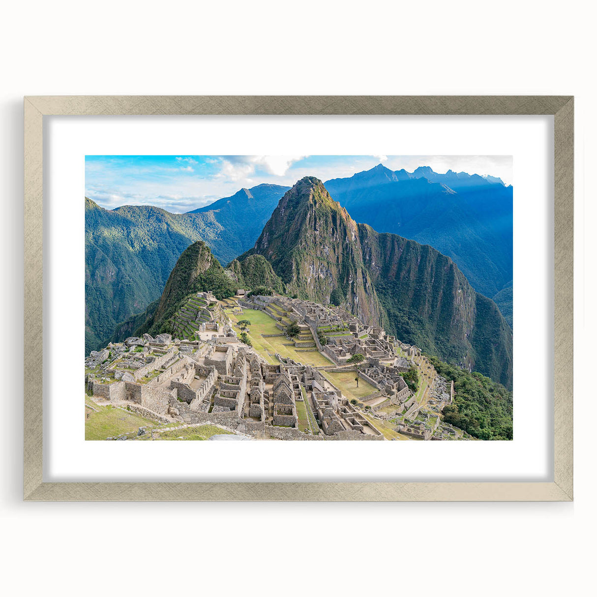 Textured art print of Machu Picchu in muted earth tones, framed in silver, ideal for bedroom art.