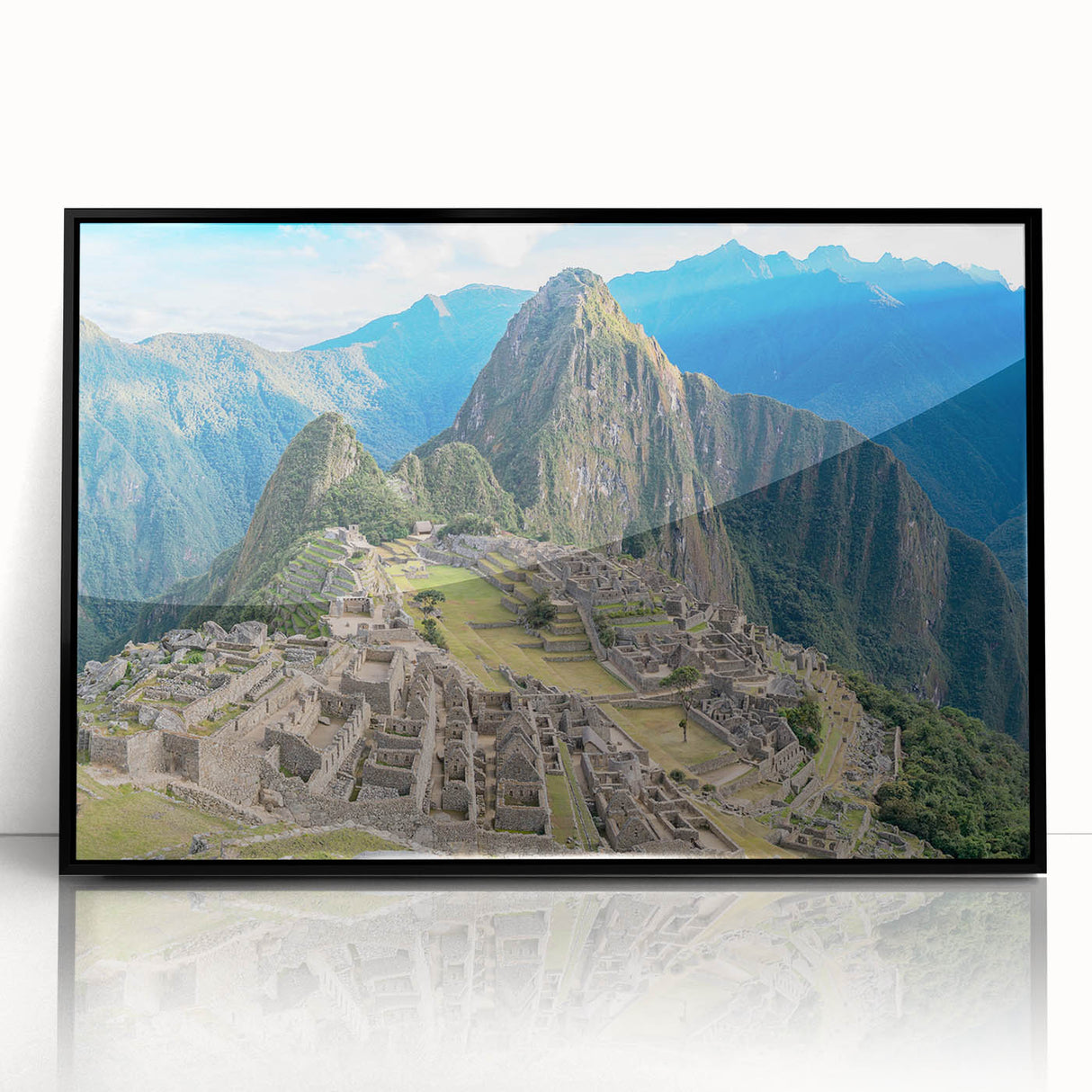 Large abstract wall art of Machu Picchu in muted earth tones, framed in black acrylic, ideal for modern art wall decor.