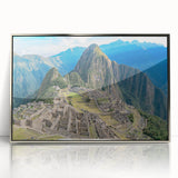 Mid-century modernist art of Machu Picchu in muted earth tones on a framed acrylic, suitable for modern art wall decor.