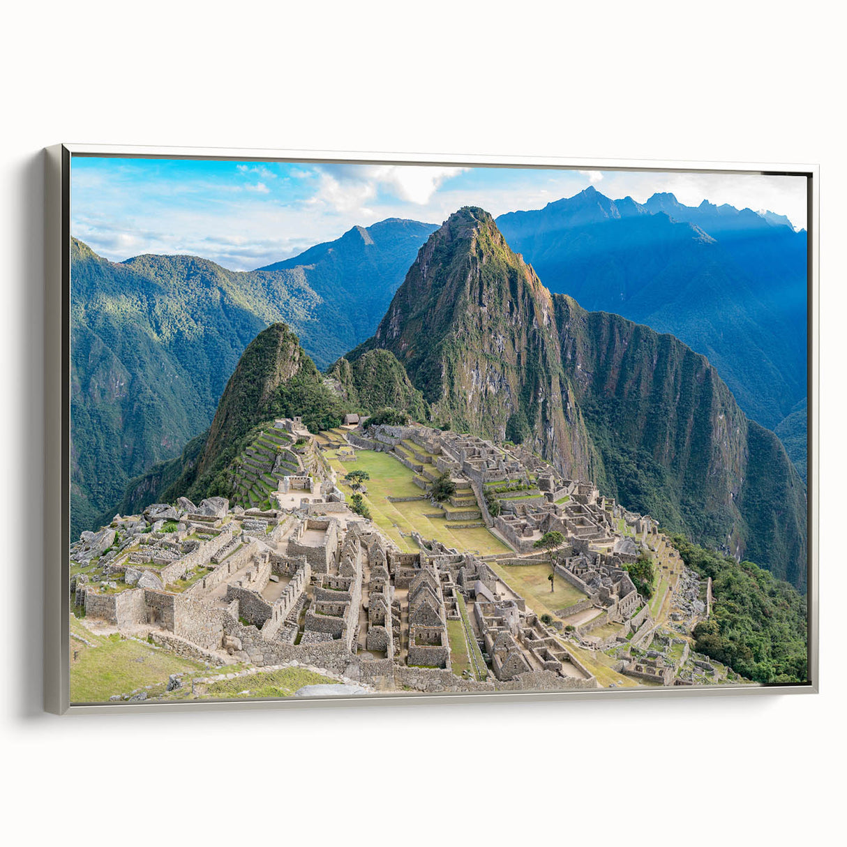 Framed canvas landscape art painting of Machu Picchu with colorful and black vintage poster art elements.