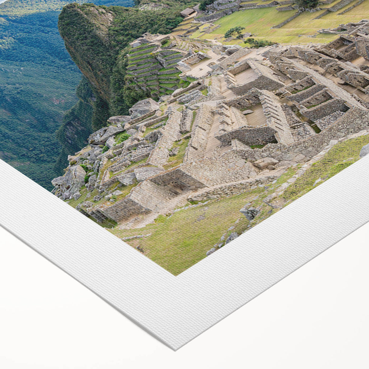 Art deco poster of Machu Picchu in muted earth tones on rolled canvas, suitable for dining room decor.