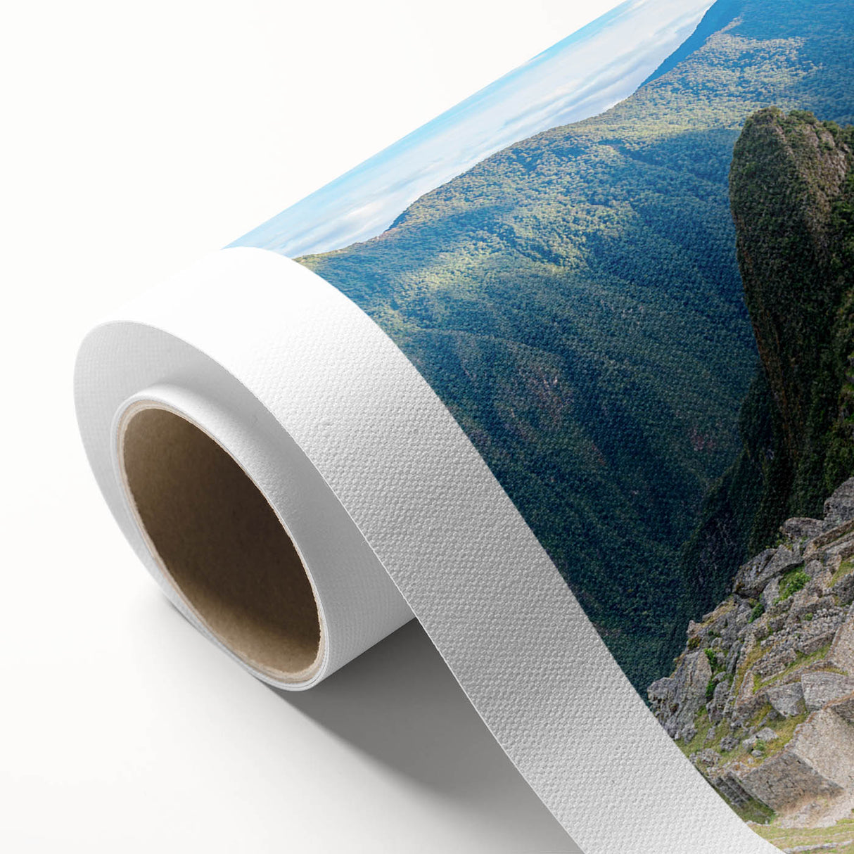 Art deco poster of Machu Picchu in muted earth tones on rolled canvas, ideal for nursery wall art.