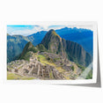 Rolled print of Machu Picchu in muted green and brown tones, ideal for art wall dining room.