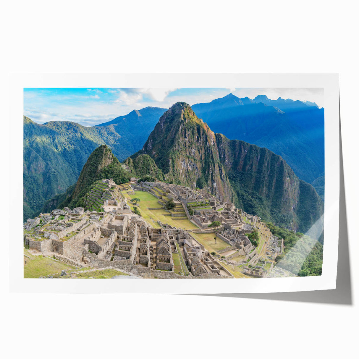 Rolled print of Machu Picchu in muted green and brown tones, ideal for art wall dining room.