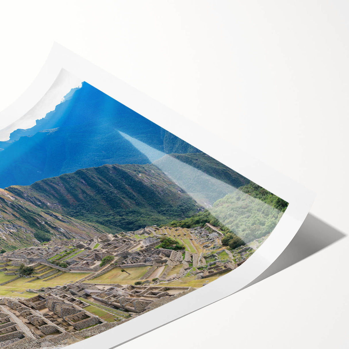 Extra large wall art of Machu Picchu in muted earth tones on a rolled print, ideal for large living room decor.