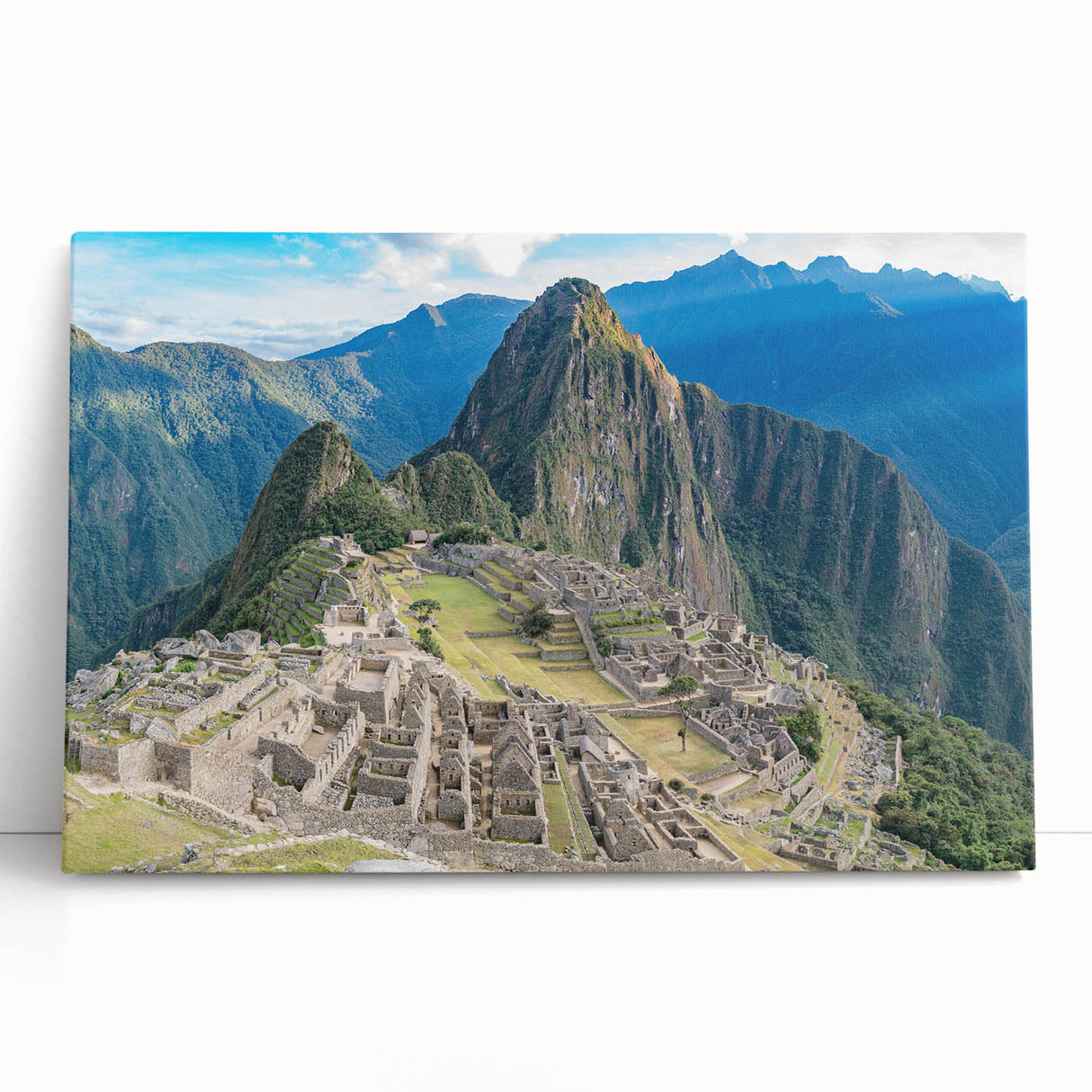 Black and white stretched canvas of Machu Picchu in a minimalist style, ideal for kitchen wall art.