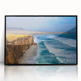 Large abstract wall art depicting a stylized South American landscape in muted earth tones on a framed acrylic.