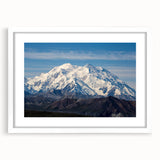 Abstract art print of Denali, Alaska in muted earth tones on a framed white mat, suitable for dining room or bedroom decor.
