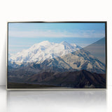 Mid-century modernist art depicting Denali National Park in Alaska on a framed acrylic print.