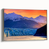 Framed canvas featuring a vintage-style landscape art painting of Alaska with colorful art elements and black accents.