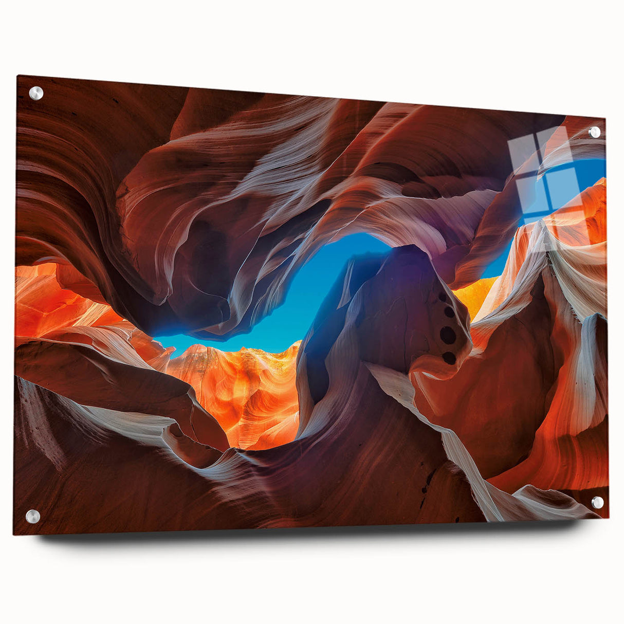 Side view of a large abstract wall art depicting Antelope Canyon in Arizona on acrylic glass.