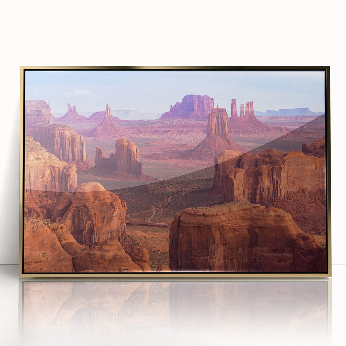 Mid-century modernist style large art print of the Grand Canyon in vibrant sunset colors, framed in gold acrylic.