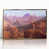 Mid-century modernist style large art print of the Grand Canyon in vibrant sunset colors, framed in gold acrylic.