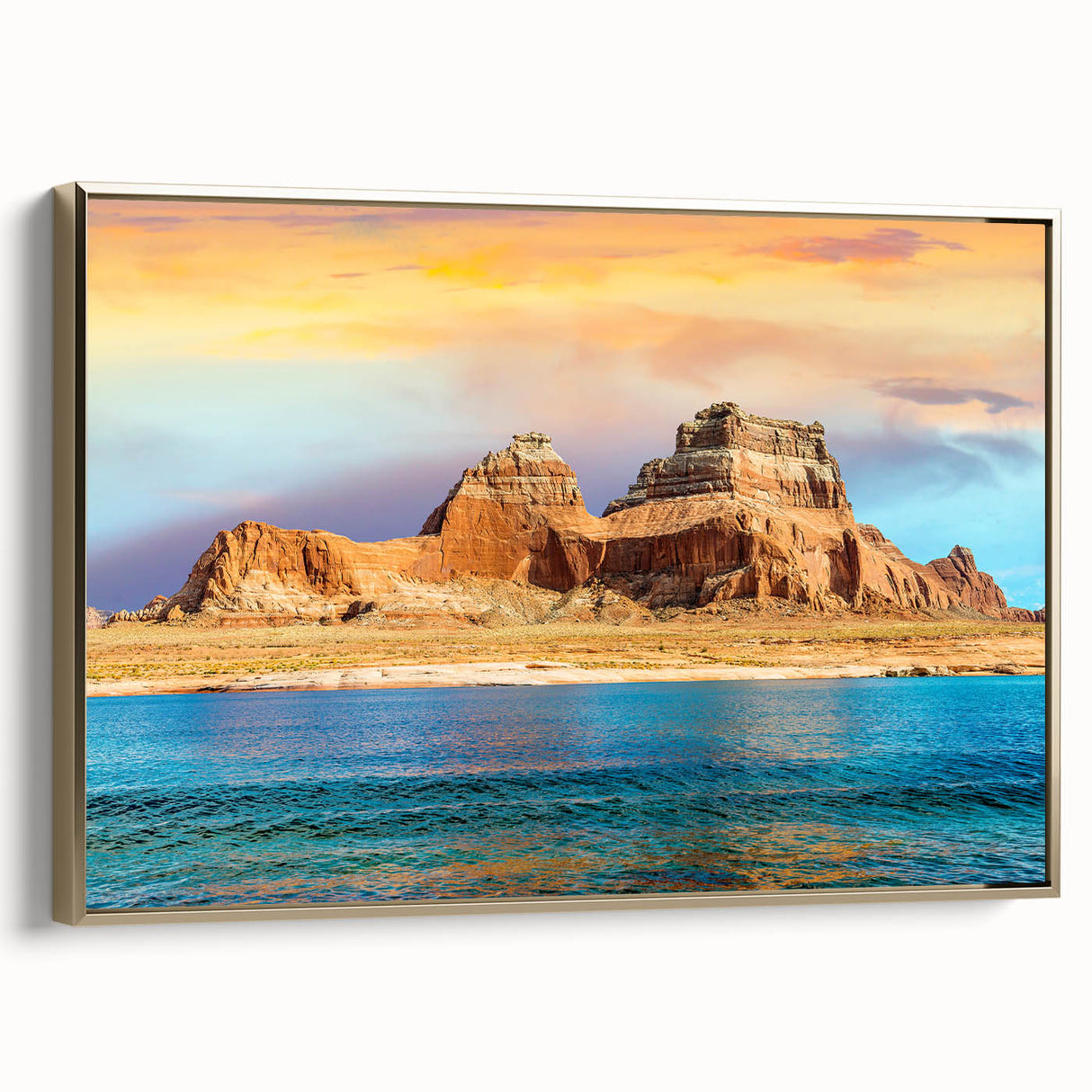 Vintage poster art of Lake Powell, Arizona, in muted gold and black tones on a framed canvas.