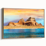 Vintage poster art of Lake Powell, Arizona, in muted gold and black tones on a framed canvas.