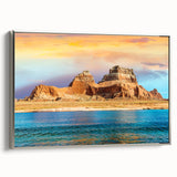 Landscape art painting of Lake Powell with vibrant blue and orange hues, framed in silver, ideal for office decor.