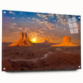 Acrylic print of Monument Valley with vivid red and orange tones, suitable for dining room decor.