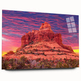 Large abstract depiction of Sedona's landscape in reddish hues on acrylic glass, suitable as bedroom or dining room art.