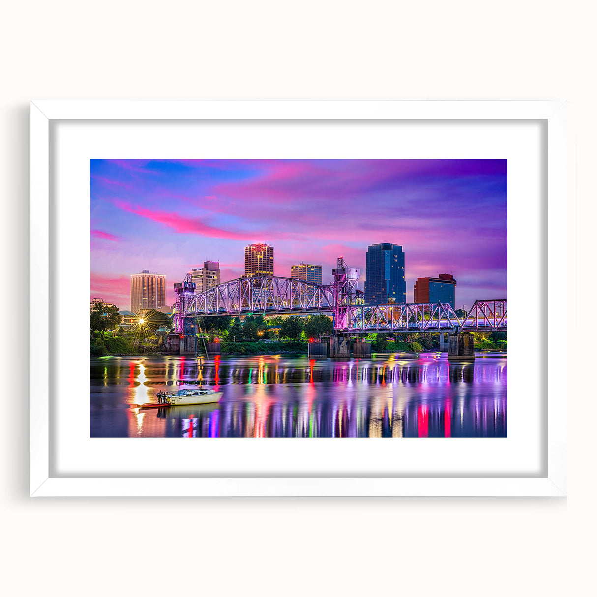 Abstract art print of Arkansas scenery in muted earth tones on a white-framed canvas, suitable for dining room decor.