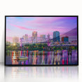 Large abstract wall art depicting a vibrant Arkansas landscape in mid-century modernist style, acrylic print framed in black.